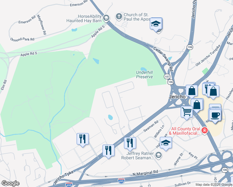 map of restaurants, bars, coffee shops, grocery stores, and more near 2 Kettlepond Road in Jericho