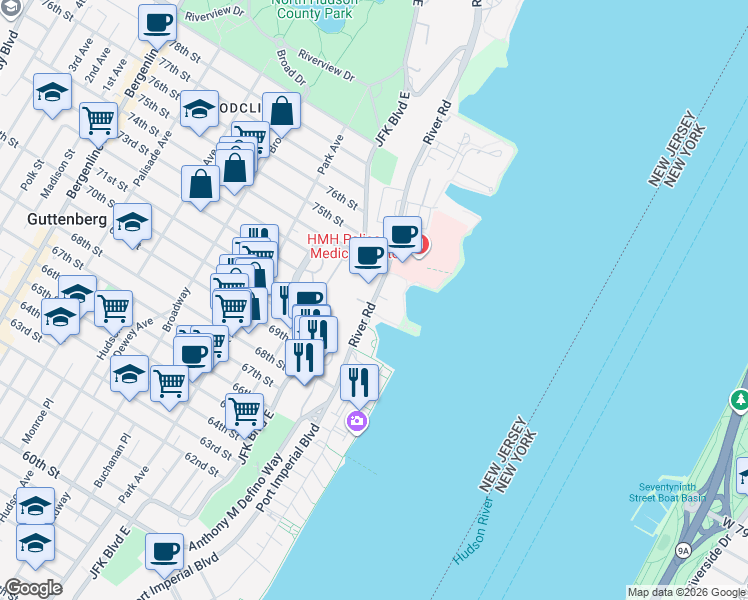map of restaurants, bars, coffee shops, grocery stores, and more near 7400 River Road in North Bergen