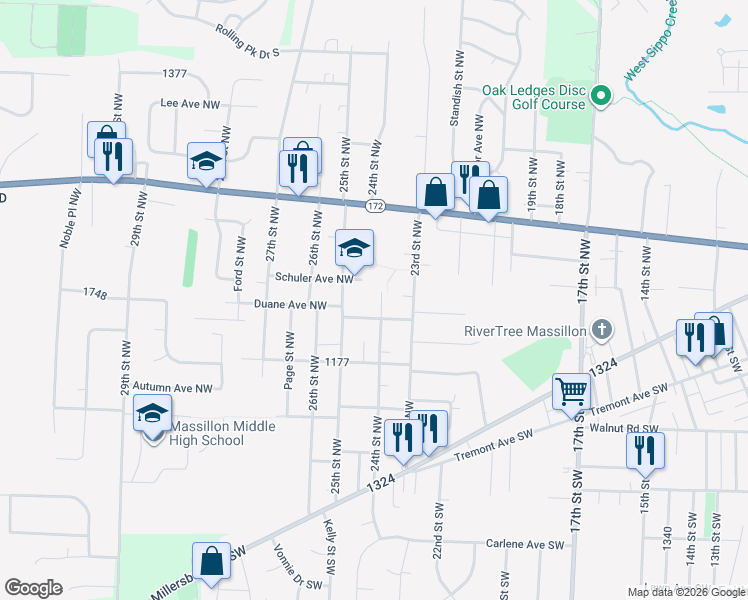 map of restaurants, bars, coffee shops, grocery stores, and more near 221 24th Street Northwest in Massillon