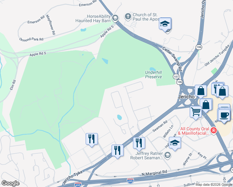 map of restaurants, bars, coffee shops, grocery stores, and more near 122 Foxwood Drive in Jericho