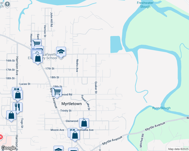 map of restaurants, bars, coffee shops, grocery stores, and more near 1780 Quaker Street in Eureka