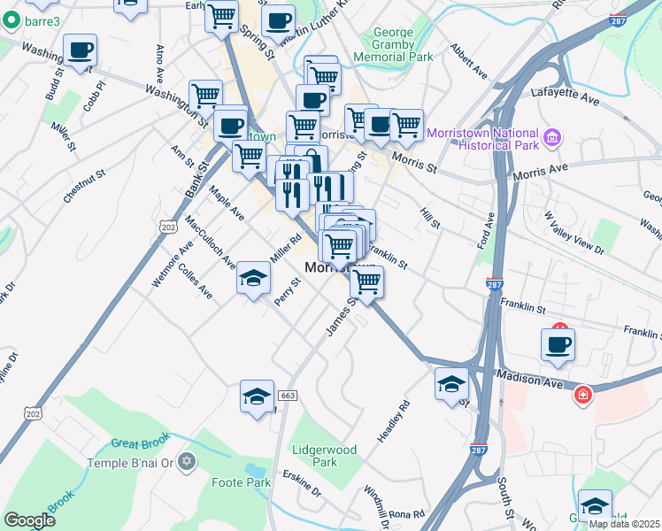map of restaurants, bars, coffee shops, grocery stores, and more near 164 South Street in Morristown