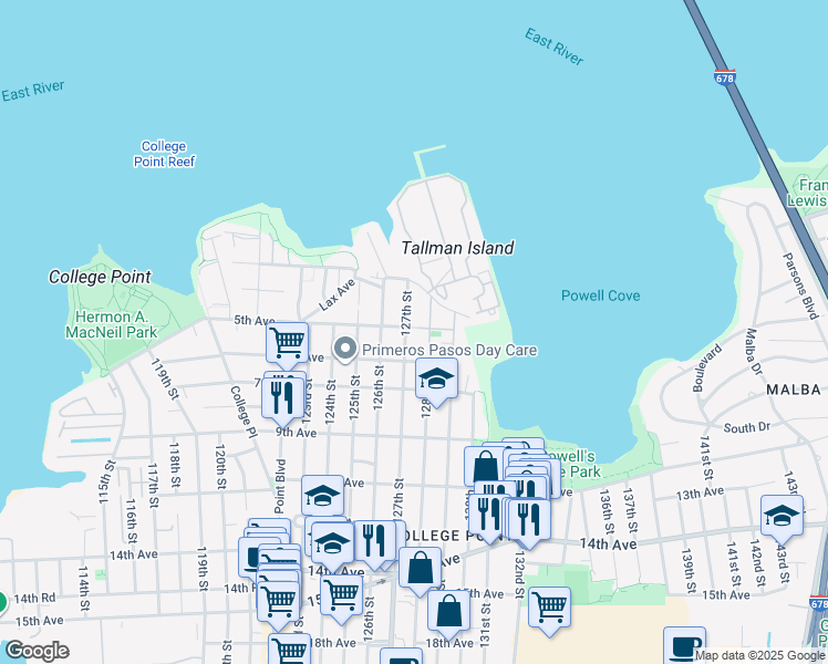 map of restaurants, bars, coffee shops, grocery stores, and more near 5-03 127th Street in Queens