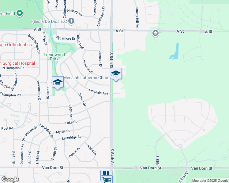 map of restaurants, bars, coffee shops, grocery stores, and more near 8400 Pinedale Avenue in Lincoln