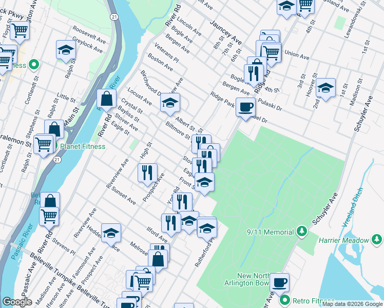 map of restaurants, bars, coffee shops, grocery stores, and more near 78 Gold Street in North Arlington