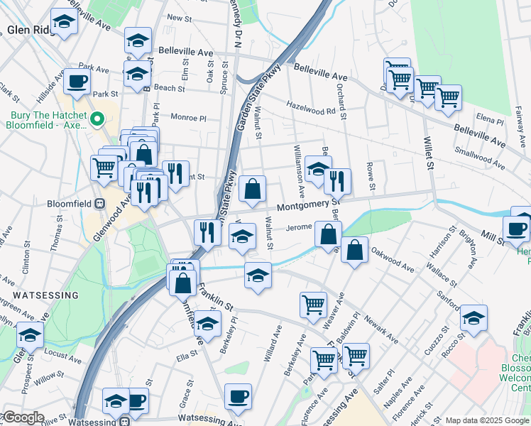 map of restaurants, bars, coffee shops, grocery stores, and more near 214 Montgomery Street in Bloomfield