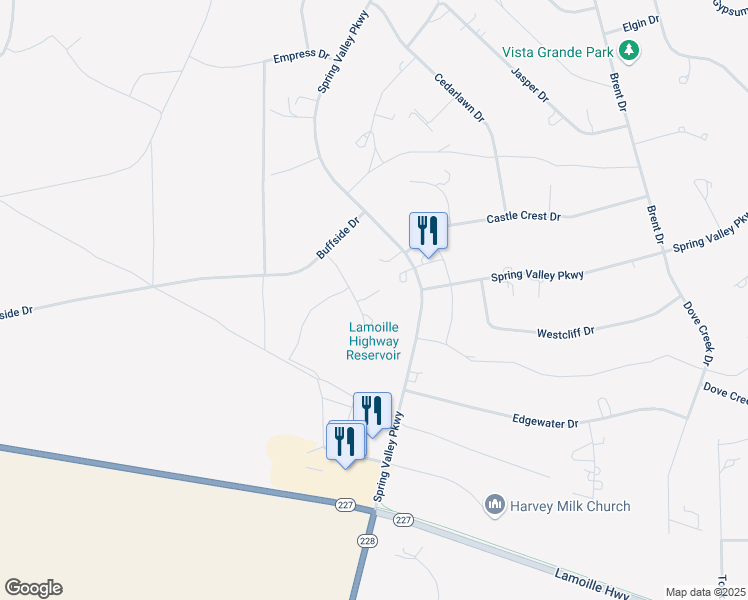 map of restaurants, bars, coffee shops, grocery stores, and more near 352 Buffside Court in Spring Creek