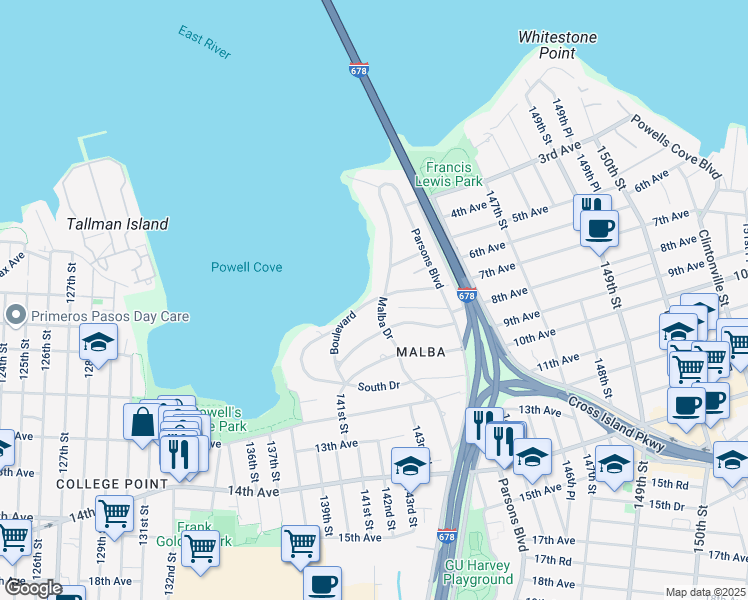 map of restaurants, bars, coffee shops, grocery stores, and more near Boulevard in Queens