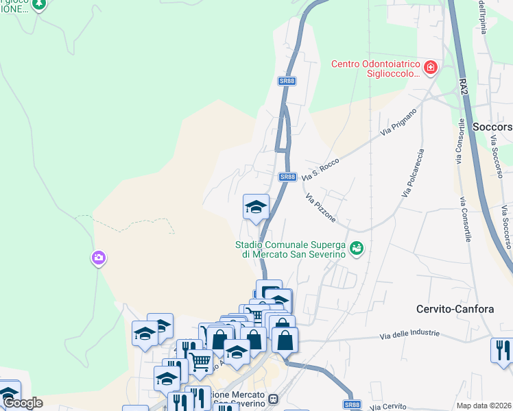 map of restaurants, bars, coffee shops, grocery stores, and more near 1316 Via delle Puglie in Mercato San Severino