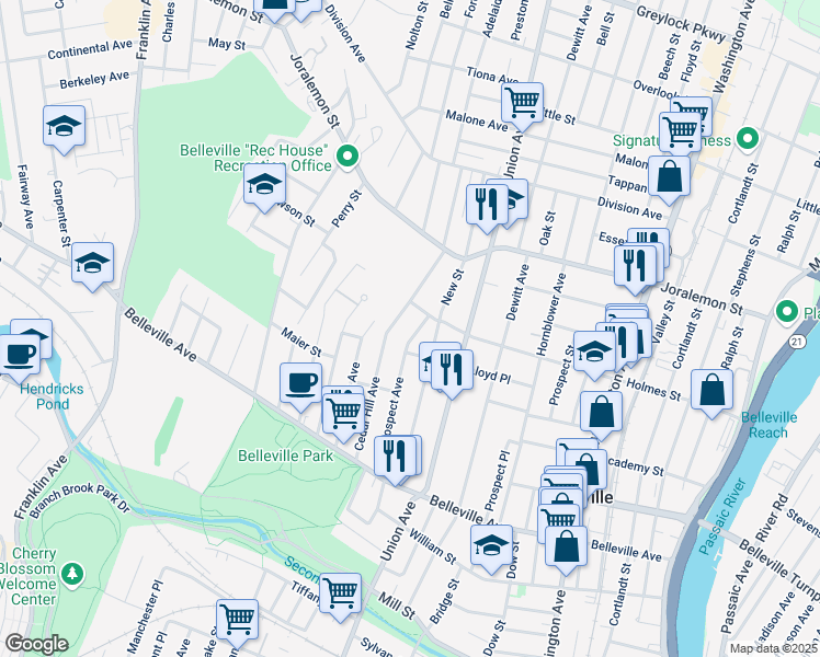 map of restaurants, bars, coffee shops, grocery stores, and more near 122 Cedar Hill Avenue in Belleville