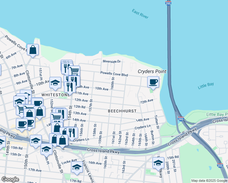 map of restaurants, bars, coffee shops, grocery stores, and more near 10-03 160th Street in Queens