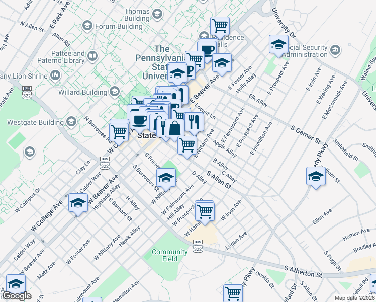 map of restaurants, bars, coffee shops, grocery stores, and more near 315 South Allen Street in State College