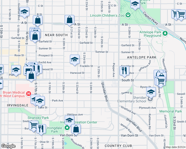map of restaurants, bars, coffee shops, grocery stores, and more near 2010 South 24th Street in Lincoln