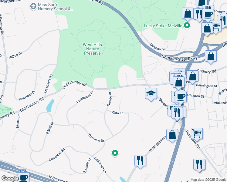 map of restaurants, bars, coffee shops, grocery stores, and more near 1 Tuxedo Drive in Melville