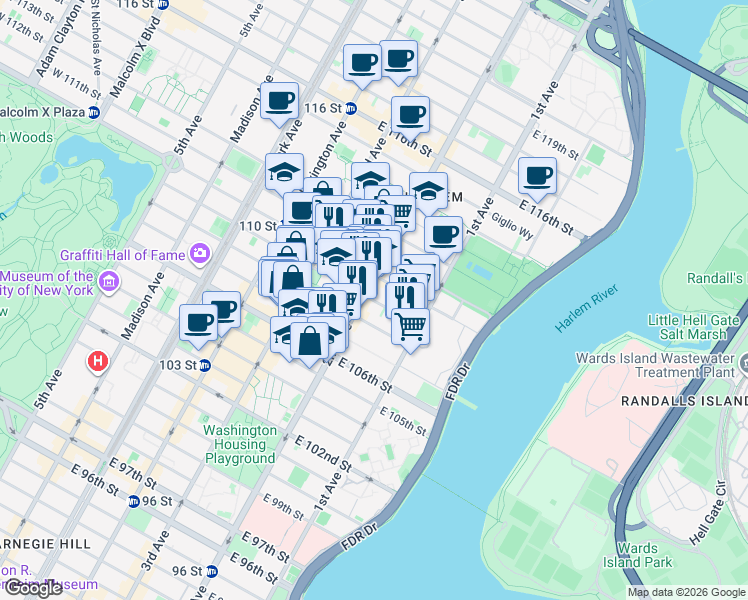 map of restaurants, bars, coffee shops, grocery stores, and more near 300 East 109th Street in New York