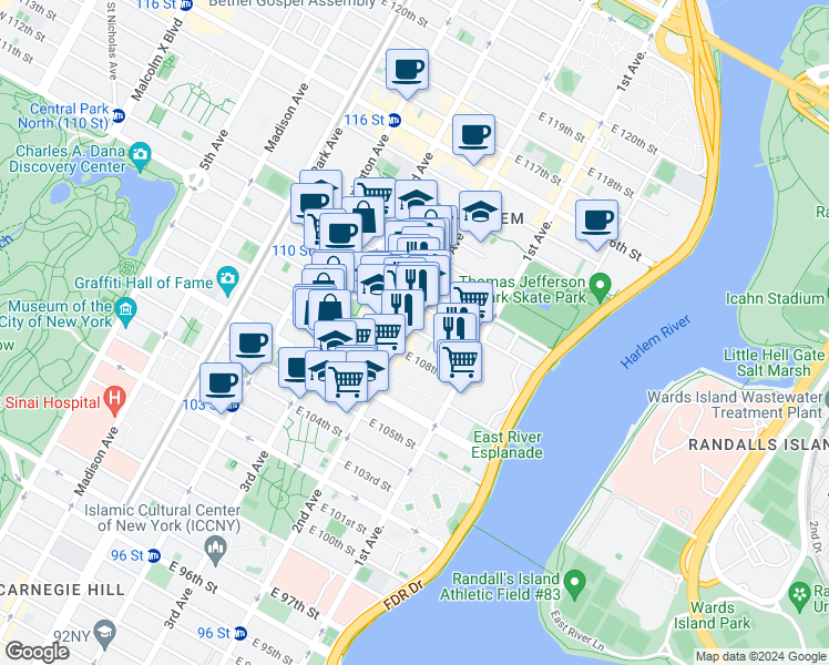 map of restaurants, bars, coffee shops, grocery stores, and more near in New York