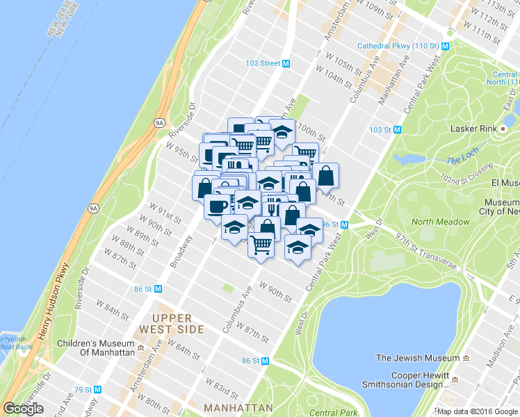 map of restaurants, bars, coffee shops, grocery stores, and more near 134 West 95th Street in New York