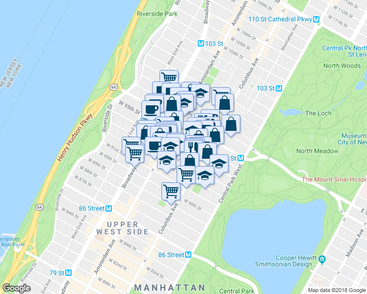 map of restaurants, bars, coffee shops, grocery stores, and more near 134 West 95th Street in New York
