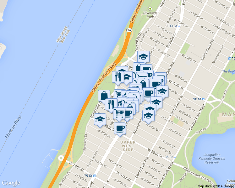 map of restaurants, bars, coffee shops, grocery stores, and more near 187 Riverside Drive in New York