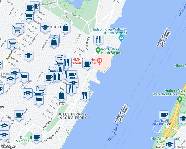 map of restaurants, bars, coffee shops, grocery stores, and more near 7400 River Road in North Bergen
