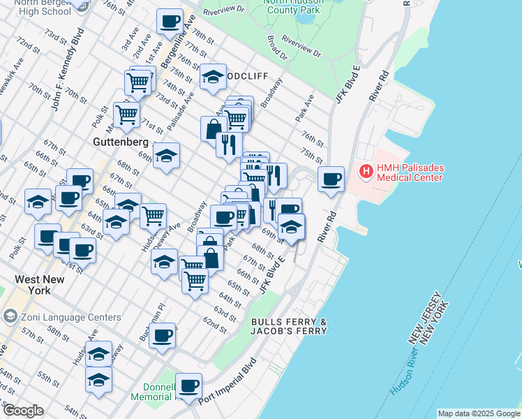 map of restaurants, bars, coffee shops, grocery stores, and more near 78 70th Street in Guttenberg