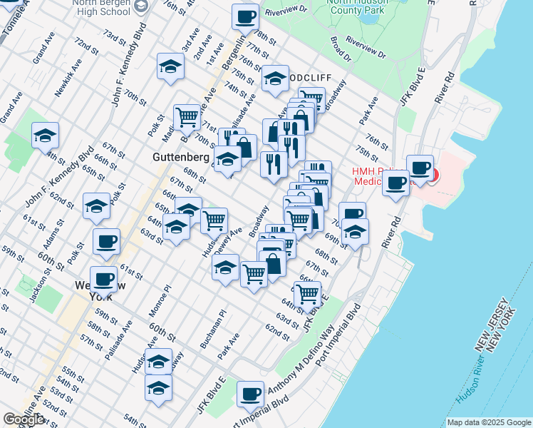 map of restaurants, bars, coffee shops, grocery stores, and more near 137 69th Street in Guttenberg
