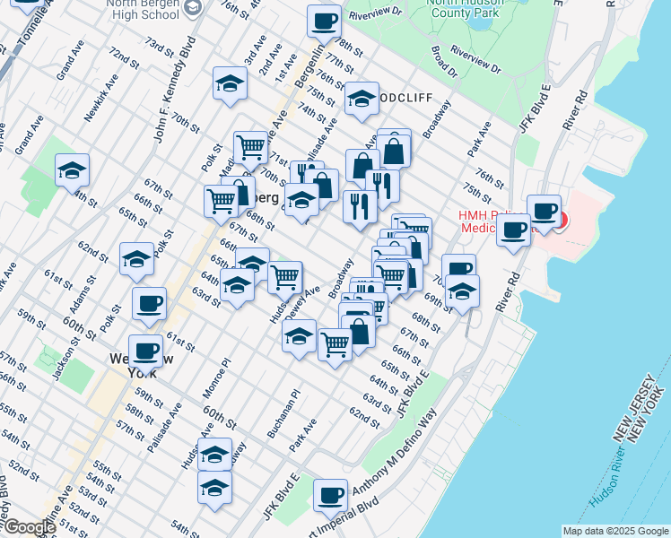 map of restaurants, bars, coffee shops, grocery stores, and more near 209 68th Street in Guttenberg