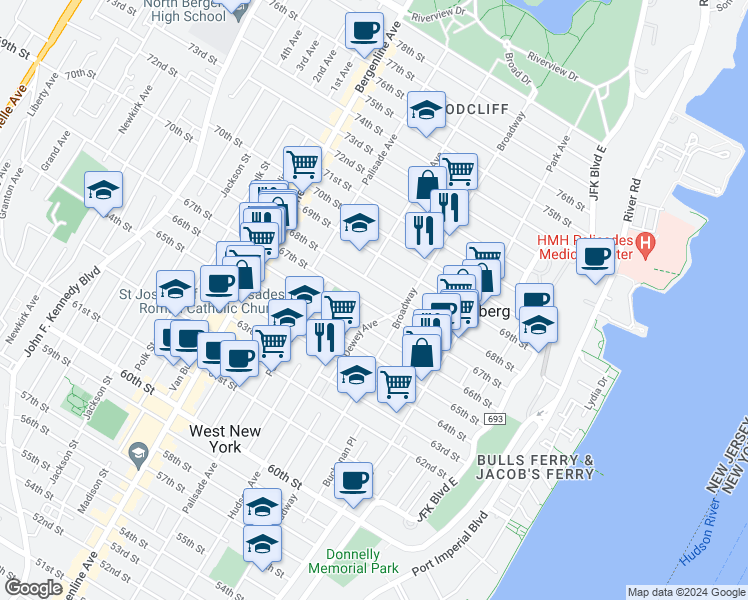 map of restaurants, bars, coffee shops, grocery stores, and more near 300 67th Street in West New York