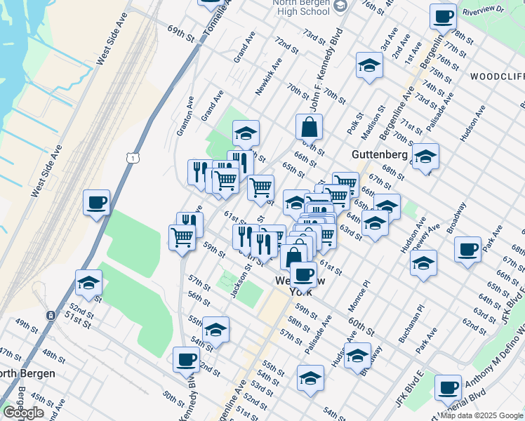 map of restaurants, bars, coffee shops, grocery stores, and more near 6122 Jefferson Street in West New York