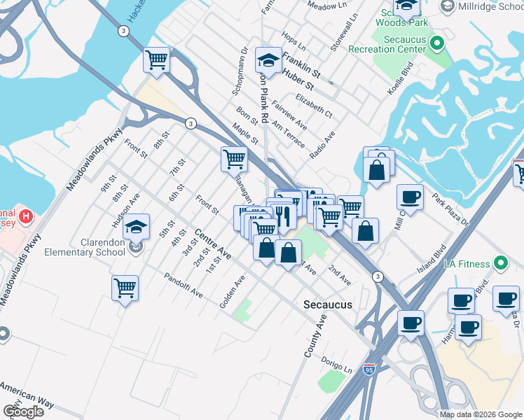map of restaurants, bars, coffee shops, grocery stores, and more near in Secaucus