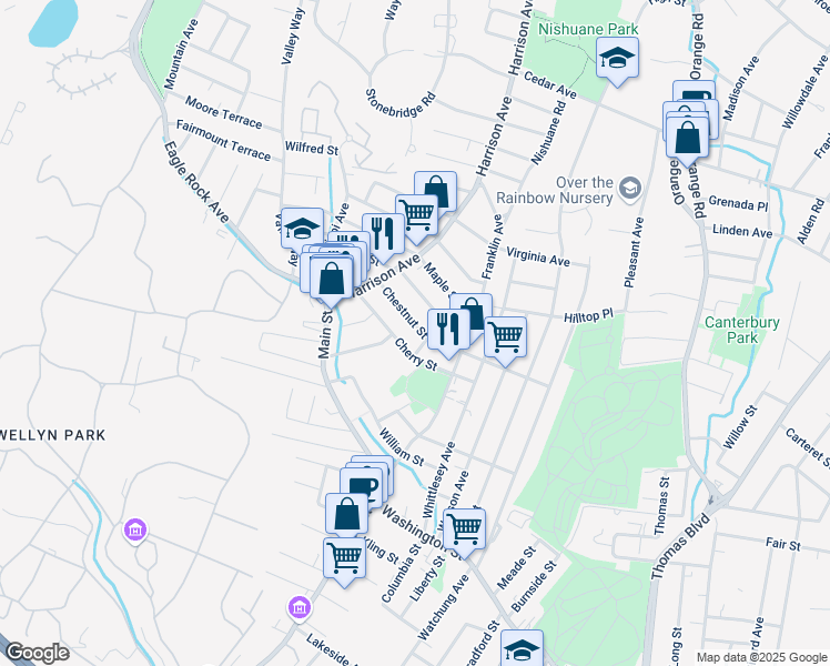 map of restaurants, bars, coffee shops, grocery stores, and more near 87 Chestnut Street in West Orange
