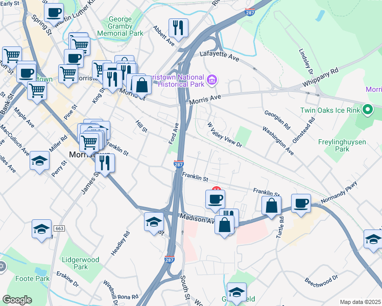 map of restaurants, bars, coffee shops, grocery stores, and more near Todd Pl in Morristown