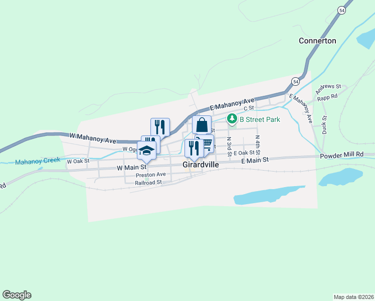 map of restaurants, bars, coffee shops, grocery stores, and more near 119 North 2nd Street in Girardville