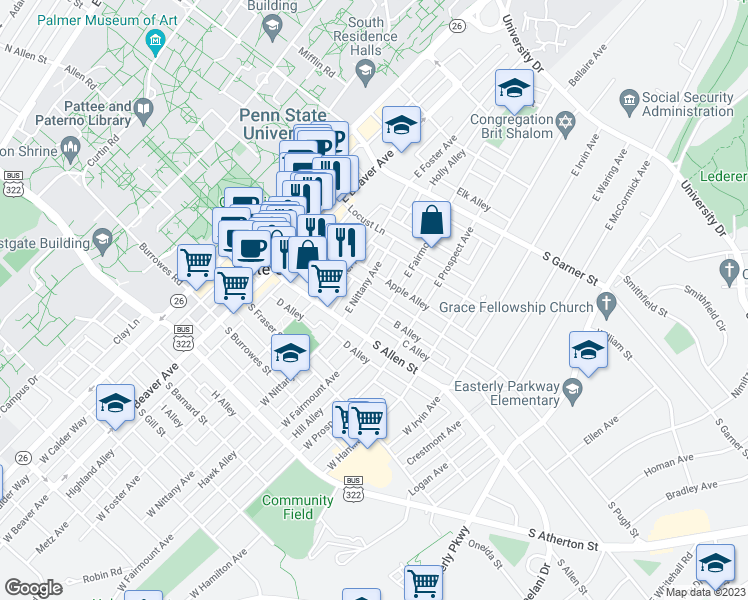 map of restaurants, bars, coffee shops, grocery stores, and more near 414 South Pugh Street in State College