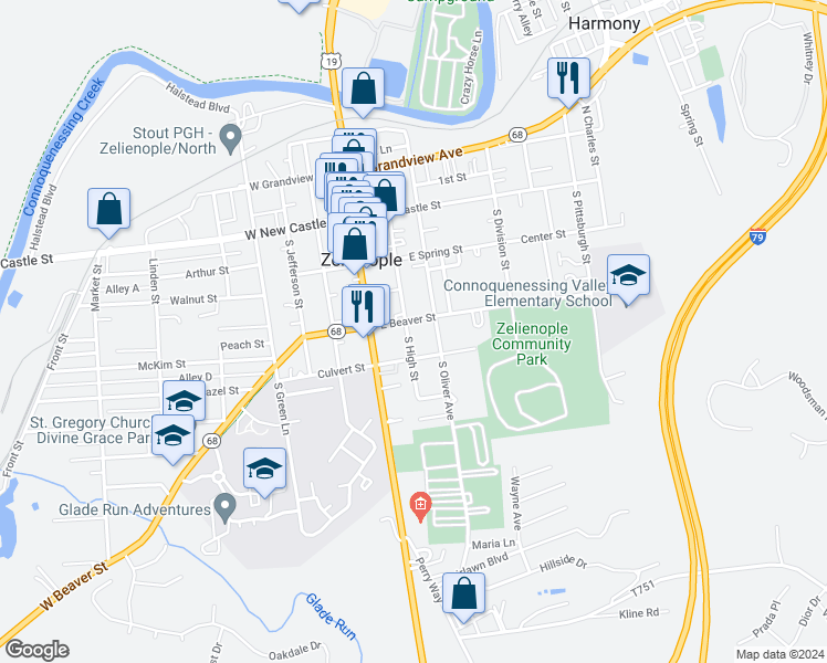 map of restaurants, bars, coffee shops, grocery stores, and more near 208 East Beaver Street in Zelienople
