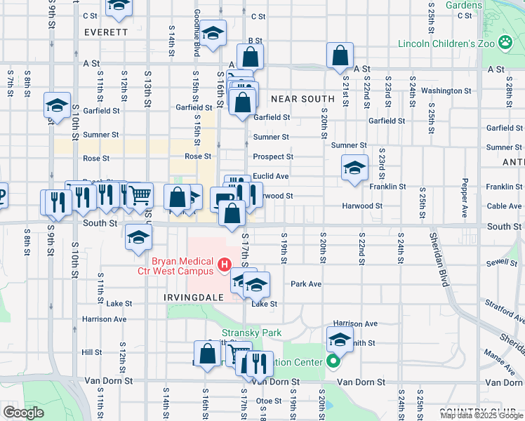 map of restaurants, bars, coffee shops, grocery stores, and more near 2035 South 18th Street in Lincoln