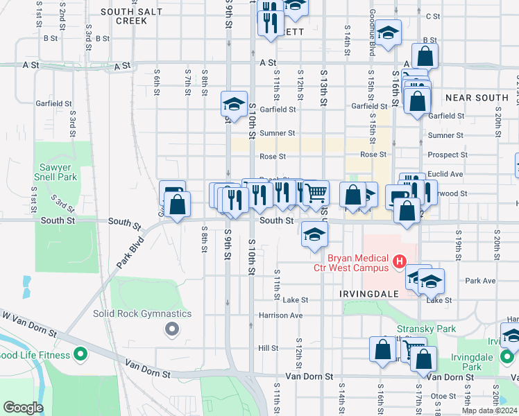 map of restaurants, bars, coffee shops, grocery stores, and more near 1021 Plum Street in Lincoln