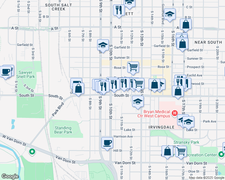 map of restaurants, bars, coffee shops, grocery stores, and more near 1021 Plum Street in Lincoln