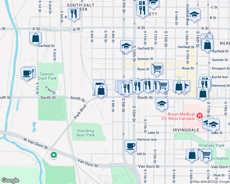 map of restaurants, bars, coffee shops, grocery stores, and more near 815 Plum Street in Lincoln
