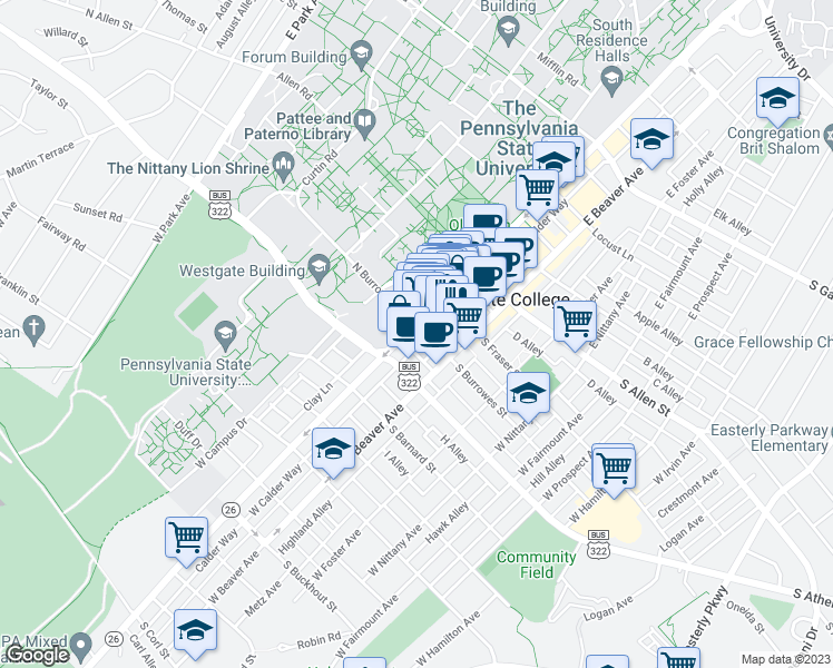 map of restaurants, bars, coffee shops, grocery stores, and more near 300 West College Avenue in State College