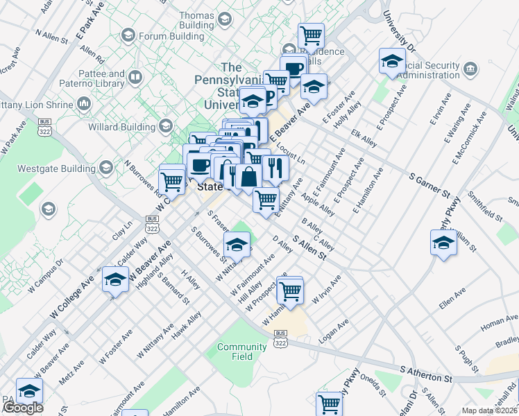map of restaurants, bars, coffee shops, grocery stores, and more near 315 South Allen Street in State College