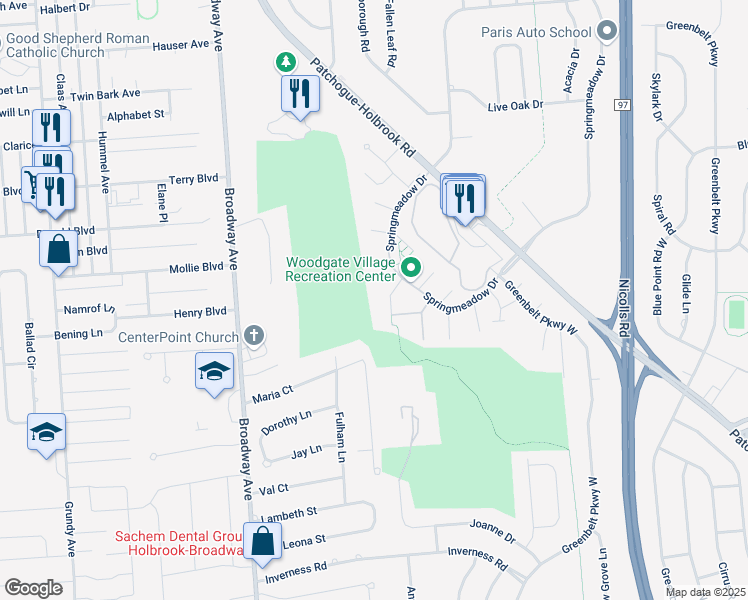 map of restaurants, bars, coffee shops, grocery stores, and more near 220 Springmeadow Drive in Holbrook