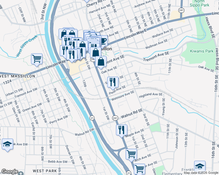 map of restaurants, bars, coffee shops, grocery stores, and more near 428 Erie Street South in Massillon