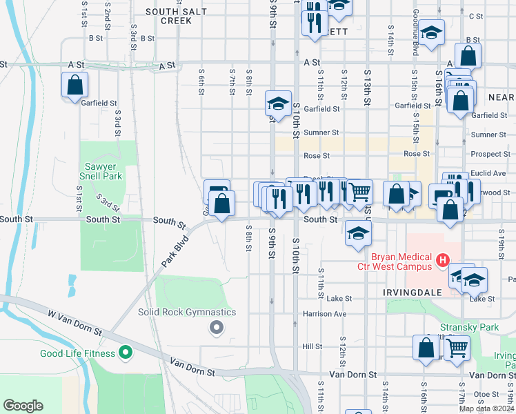 map of restaurants, bars, coffee shops, grocery stores, and more near 815 Plum Street in Lincoln