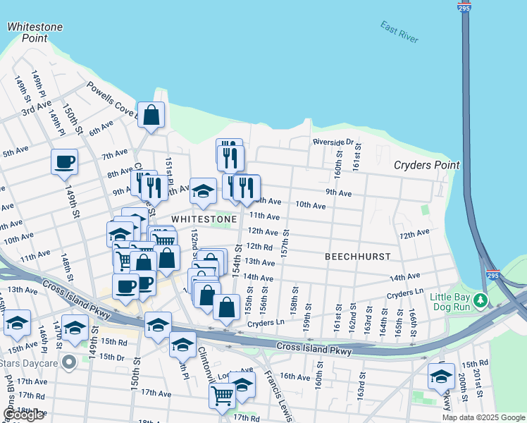 map of restaurants, bars, coffee shops, grocery stores, and more near 154-31 11th Avenue in Queens