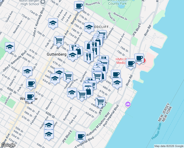 map of restaurants, bars, coffee shops, grocery stores, and more near 141 69th Street in Guttenberg