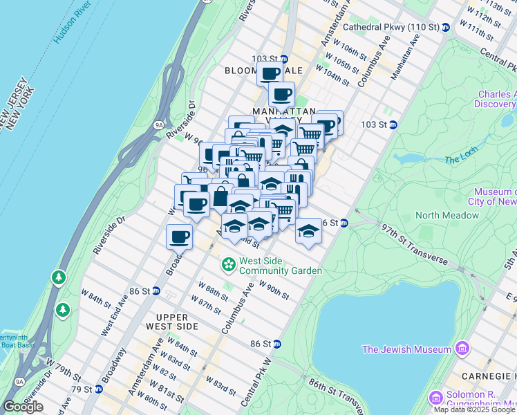 map of restaurants, bars, coffee shops, grocery stores, and more near 149 West 94th Street in New York