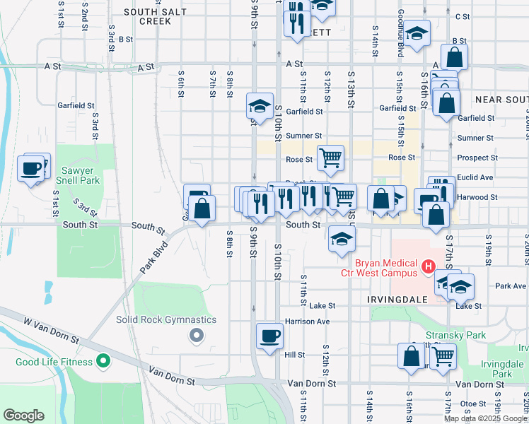 map of restaurants, bars, coffee shops, grocery stores, and more near 917 Plum St in Lincoln