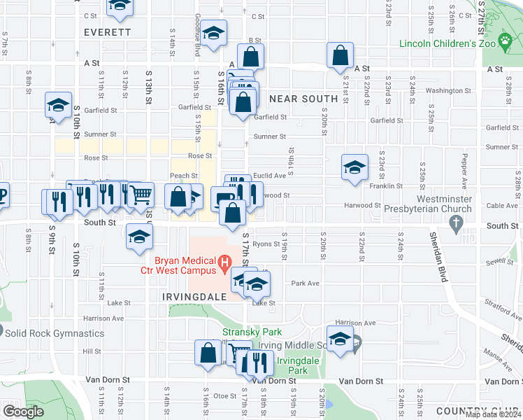 map of restaurants, bars, coffee shops, grocery stores, and more near 2035 South 18th Street in Lincoln