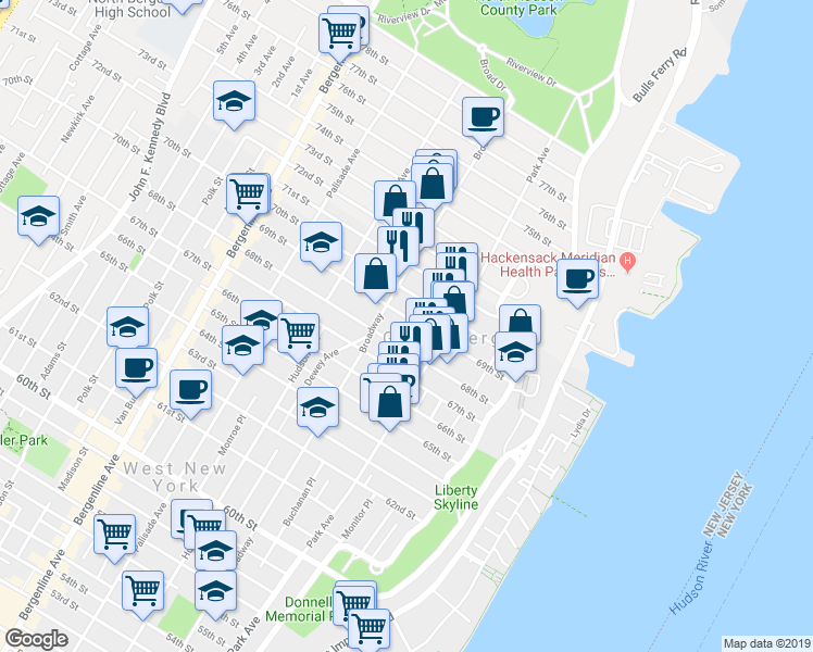map of restaurants, bars, coffee shops, grocery stores, and more near 129 69th Street in Guttenberg